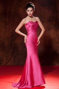 Exquisite Hot Pink Junior Prom Dress Mermaid Strapless Brush Train Satin Ruch