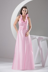 Floor-length Pink Flounced Halter Top Prom Gown