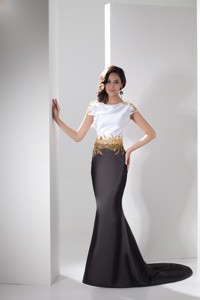 White and Black Cap Sleeves Trumpet Prom Gown with Gold Beadings