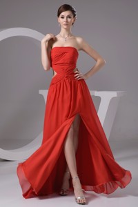 Rust Red Strapless High Slit Chiffon Prom Dress with Cutout Waist