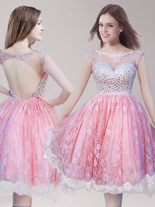 See Through Scoop Watermelon Red Prom Dress with Beading and Lace