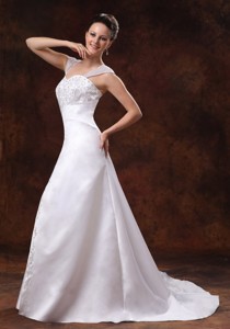 Luxurious Straps Court Train Wedding Dress With Embroidery For Custom Made In Dahlonega Georgia 