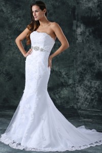 Mermaid Strapless Beading and Lace Tulle and Taffeta Wedding Dress with Court Train 