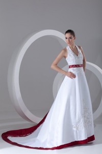 Halter Embroidery Lace Up Wedding Dress With Satin Chapel Train