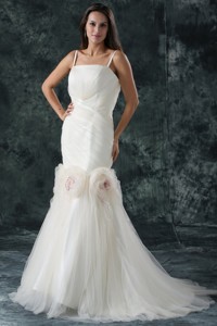 Pretty Brush Train Mermaid Spaghetti Straps Wedding Dress with Flowers 