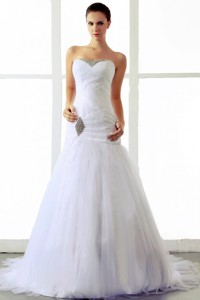Wedding Dress With Beading And Ruching Sweetheart Brush Train Tulle