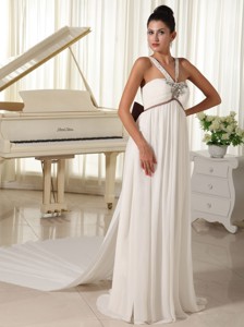 Beaded Decorate Straps Watteau Train White Beading Beautiful Wedding Dress Bowknot 