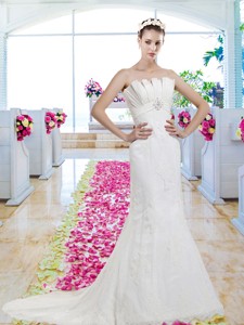 Exclusive Strapless Beaded Brush Train Wedding Dress With Lace