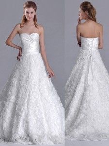 Affordable A Line Brush Train Ruched Wedding Gown with Rolling Flowers 
