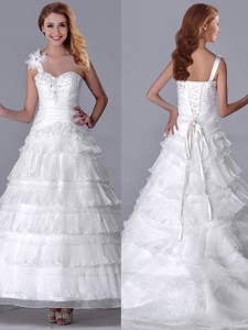 New Style One Shoulder Organza Brush Train Wedding Dress with Beading and Ruffled Layers 