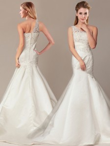 Beaded Decorate Shoulder Mermaid Wedding Dress With Court Train