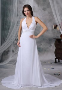 Newton Iowa Halter Top Beaded Decorate Wasit Court Train Chiffon Sexy Style Wedding Dress