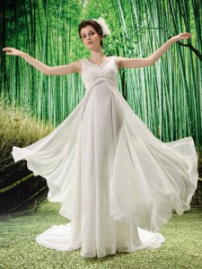White Chiffon V-neck Brush Train V-neck Prom Dress In Anchor Point 