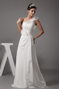 Handle Flowers One Shoulder Wedding Gown with Ruching and Ruffles 