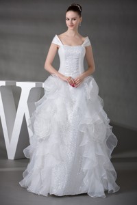Princess Cap Sleeves Sequins Hand Made Flowers Wedding Dress 