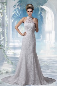 Gorgeous Mermaid Halter Top Lace Court Train Wedding Dress 