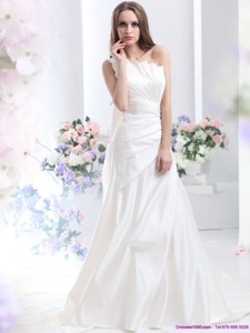 Pleated One Shoulder White Wedding Dress With Brush Train