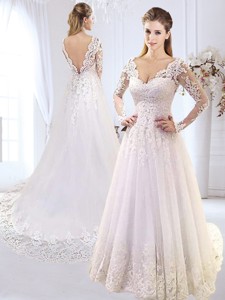Luxurious Applique and Laced Brush Train V Neck Wedding Dress 