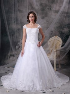 White Square Court Train Satin Lace Wedding Dress