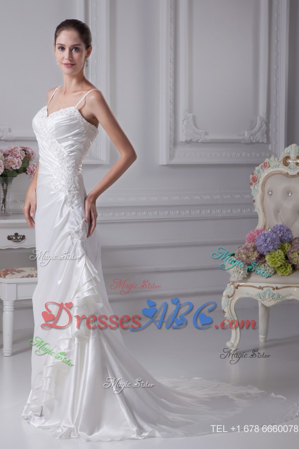Coumn Spaghetti Straps Appliques Bridal Dress with Ruching 