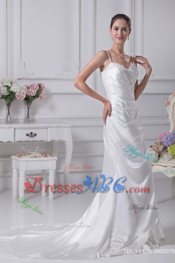 Coumn Spaghetti Straps Appliques Bridal Dress with Ruching 
