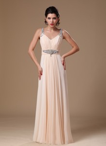 Champagne Chiffon V-neck Empire Beaded Decorate Shoulder Custom Made Prom Gowns In