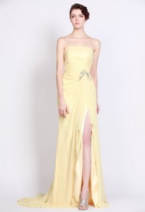 Beautiful Strapless Beaded And High Slit Prom Dress In Yellow