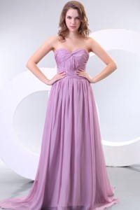 Empire Sweetheart Lilac Chiffon Ruche Prom Dress with Watteau Train