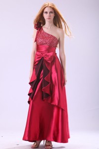 Wine Red One Shoulder Sequins and Bow Ankkle-length Prom Dress