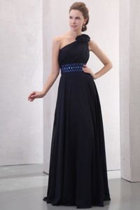 Navy Blue Empire One Shoulder Prom Dress with Beading and Flower