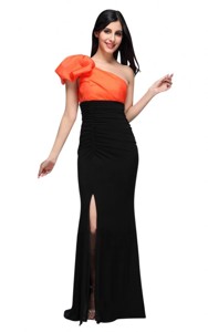 Black and Orange One Shoulder Column High Silt Prom Dress with Train