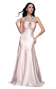 V-neck Beading Side Zipper Long Prom Dress In Baby Pink
