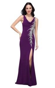 Column V-neck Purple Beading High Slit Chiffon Floor-length Prom Dress