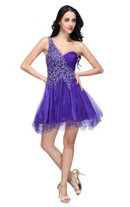 Purple One Shoulder Beading Tulle Prom Dress