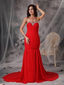 Elegant Red Mermaid / Trumpet Evening Dress Sweetheart Chiffon Beading Court Train