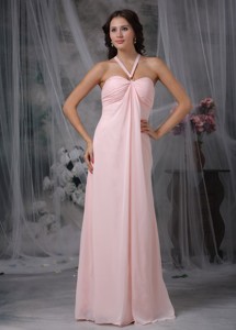 Pink Empire Halter Floor-length Chiffon Ruch Prom Dress