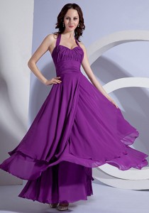 Ruching Decorate Up Bodice Purple Chiffon Ankle-length Halter Prom Dress