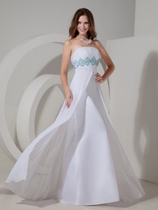 Gorgeous White Column Evening Dress Strapless Chiffon Beading and Ruch Floor-length