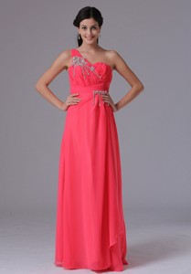Custom Made Coral Red One Shoulder Beading and Ruch Norwich Connecticut Prom Dress
