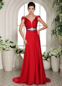 V-neck Cap Sleeves Red Beading And Ruch Evening Gowns With Brush Train