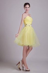 Yellow Sweetheart Short Organza Beading And Ruch Prom Cocktail Dress
