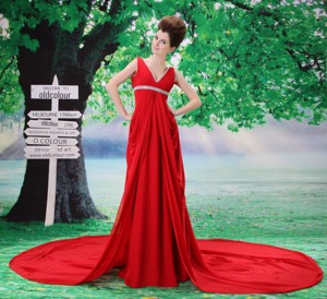 Customize V-neck Red Prom Dress With Beading And Ruch In Celebrity