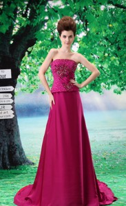 Beading Chiffon Fuchsia Court Train Strapless Prom Dress