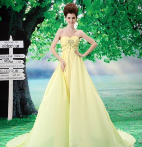 Light Yellow Simple Sweetheart Chiffon Court Train Prom Dress