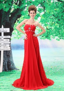 Sweetheart Lace Column Sheath Red Brushsweep Prom Dress