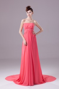 Beaded And Ruched Watermelon Chiffon Prom Dress With Watteau Train
