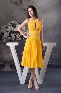 Yellow Column Knee-length Prom Dress with Beading and Keyhole