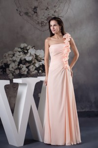 Light Pink One Shoulder Floor-length Prom Dress with Handmade Flower
