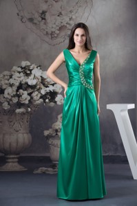 Teal V-neck Ruching Prom Dress with Beaded Appliques for Party