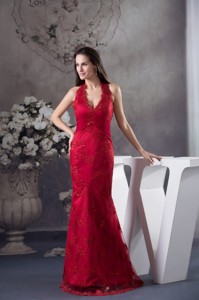 Wine Red Halter-Top Prom Gown with Embroidery and Beading for Party